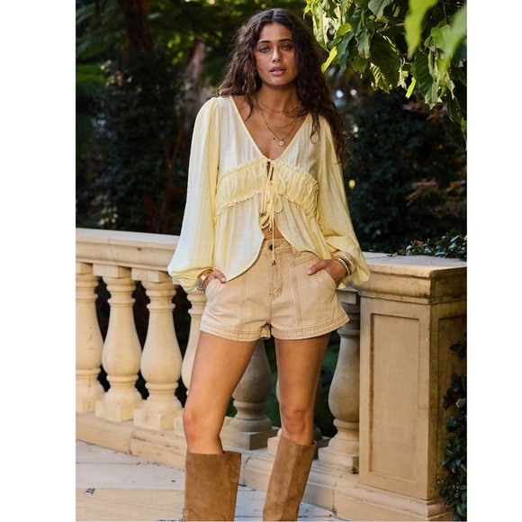 Light Yellow Tie Front Ruffle Detail Long Lantern Sleeve Blouse Shirt V-Neck - Picture 7 of 13